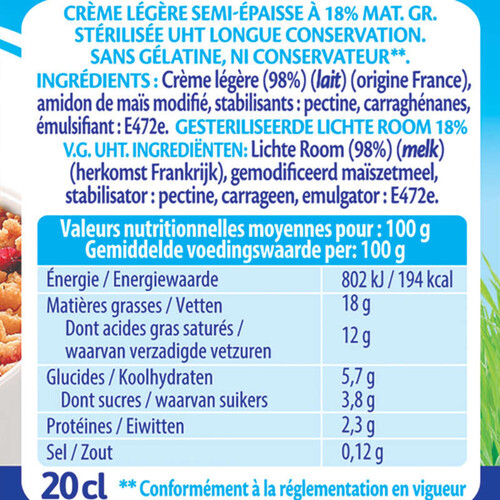 Bridélice Crème Légère Semi-Épaisse 18%Mg 3X20Cl