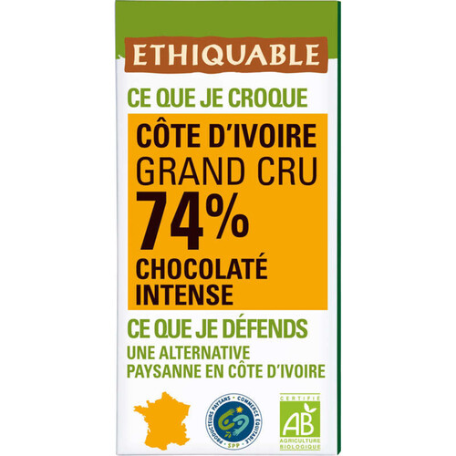 Ethiquable Chocolat Noir 74% Cote D'Ivoire Bio 100G