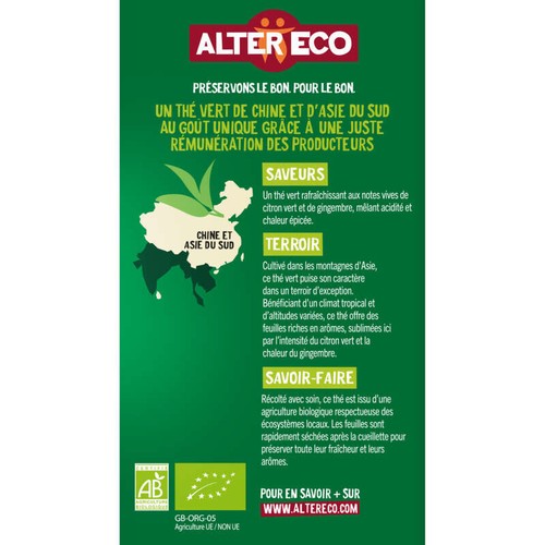Alter Eco Thé Vert Citron vert et Gingembre Bio x20 sachets