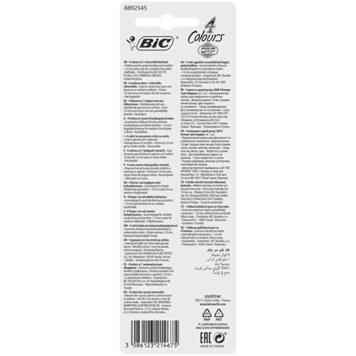 Bic Stylo-Bille 4 Couleurs Grip, Pointes Moyennes Et Rétractables