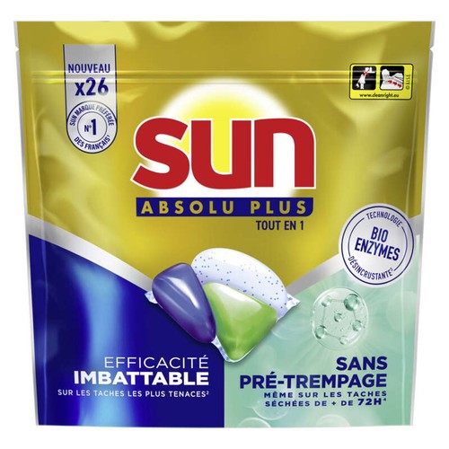 Sun Absolu Plus Tout en 1 Capsules Lessive Bio Enzymes x26