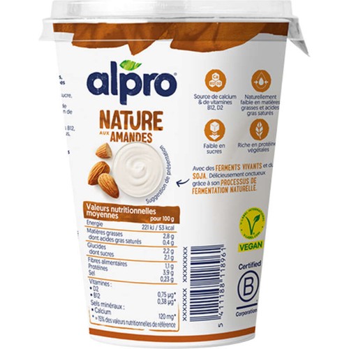 Alpro Dessert Végétal Nature Aux Amandes Soja 500g