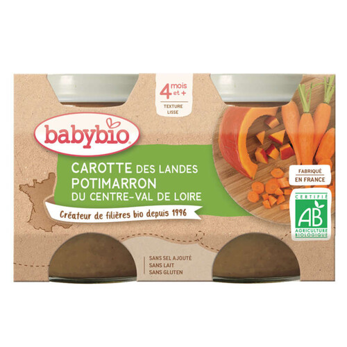 Babybio Petits Pots Carotte des Landes & Potimarron dès 4 Mois, Bio 2 x 130g