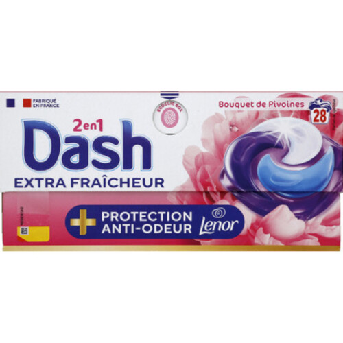 Dash Pods Lessive Extra Fraîcheur + Protection Anti-Odeur Bouquet de Pivoines *28 Lavages