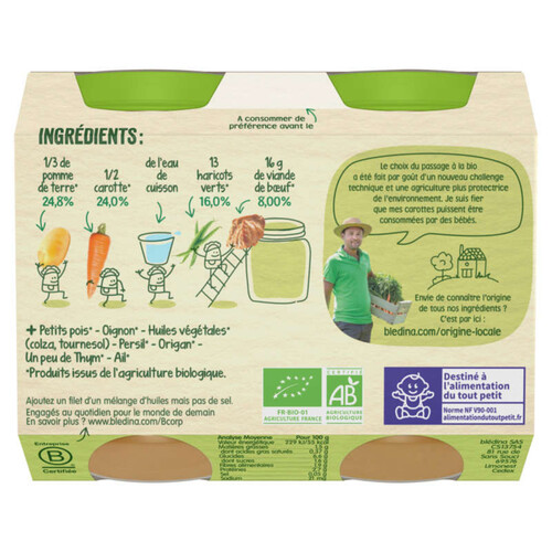 Les Récoltes Bio Repas Bébé Carottes Haricots Verts Boeuf 2x200g