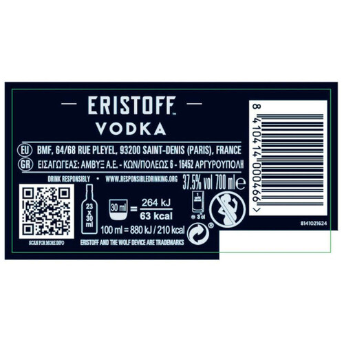 Eristoff Vodka. 37,5% Vol. 70Cl
