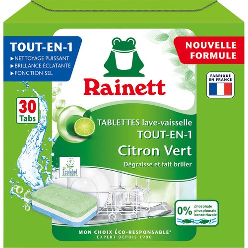 Rainett Tablettes Machine Ecolabel Lave-Vaisselle Tout-En-1 Citron Vert x30