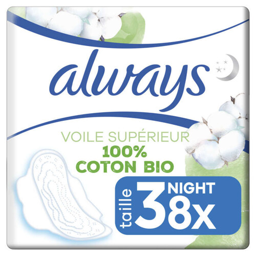 Always Cotton Protection Serviettes Hygiéniques Nuit 100% Coton Taille 3 x8