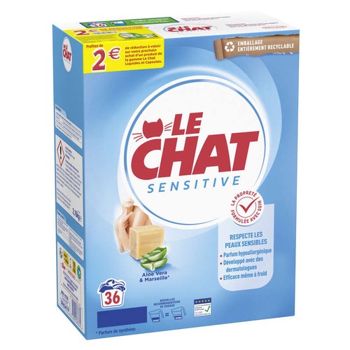 Le Chat Sensitive Lessive en Poudre Aloe Vera & Marseille *36 Lavages 2,16kg