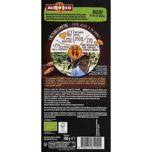 Alter Eco Chocolat Noir aux Éclats de Menthe Bio 100g