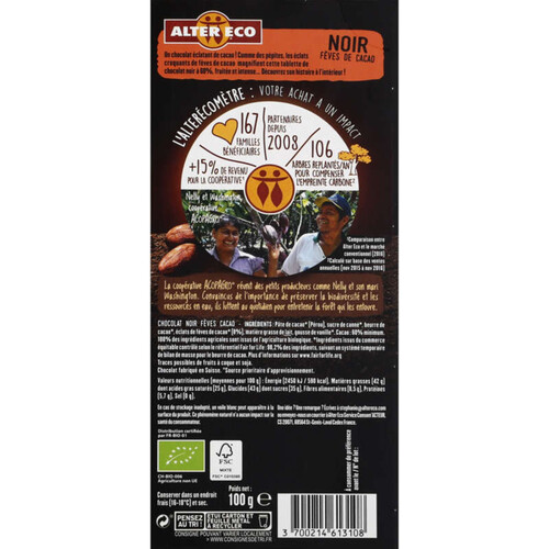 Alter Eco Chocolat Noir Du Pérou Aux Fèves De Cacao, Bio 100G