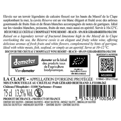 Château L'Hospitalet La Réserve Languedoc - La Clape A.O.P. Blanc 2024 Biodynamie 75CL