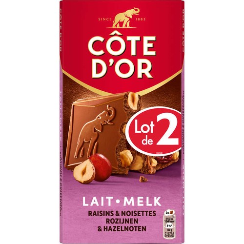 Côte D'Or Tablette Chocolat Au Lait Raisins Et Noisettes Entières 180g