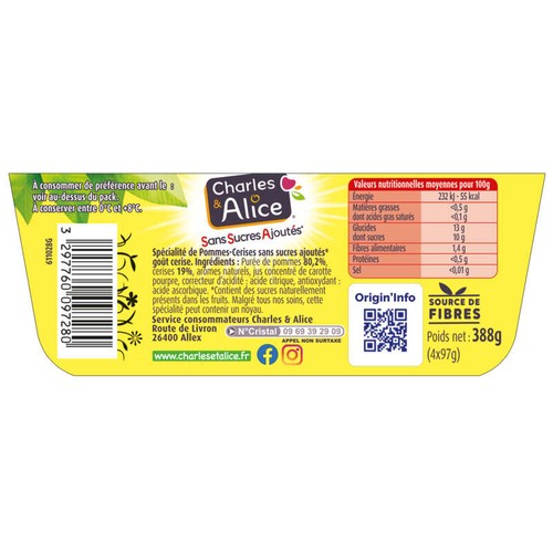 Charles & Alice Dessert pomme et cerise sans sucres ajoutés 4x97g