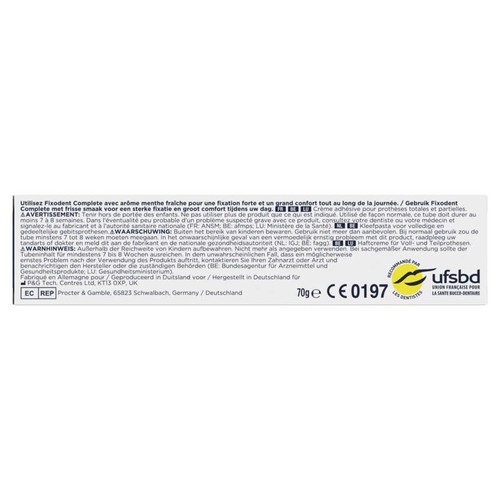 Fixodent Crème Adhésive Pour Prothèses Complete Fraîcheur 70ml