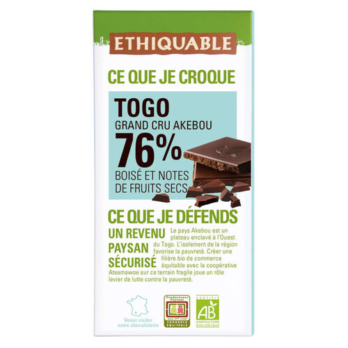 Ethiquable Chocolat noir 76% Bio 100g
