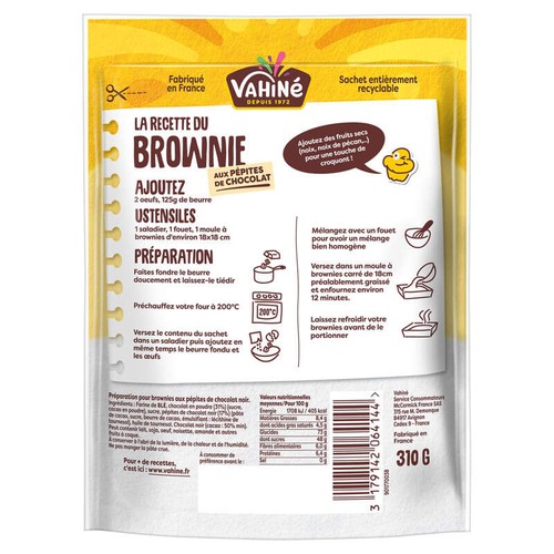 Vahiné Brownies pépites de chocolat ultra fondant ! 310g