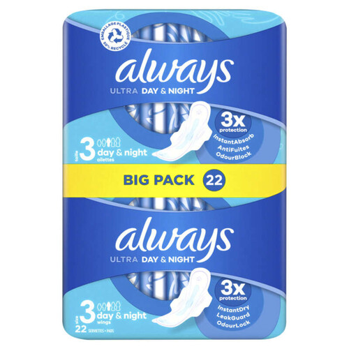 Always ultra serviettes day & night taille 3 ailettes x22 serviettes