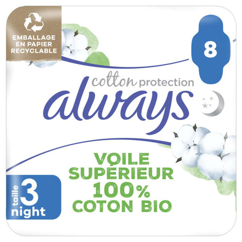 Always Cotton Protection Serviettes Hygiéniques Nuit 100% Coton Taille 3 x8