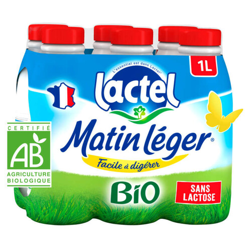 Lactel Lait Sans Lactose Entier Matin Léger UHT Bio Pack 6x1L
