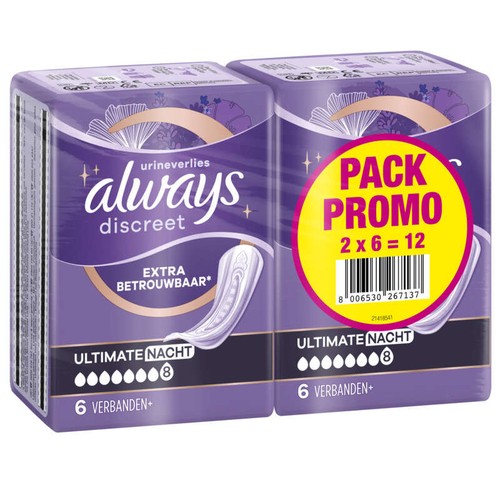Always Discreet Serviettes Pour Fuites Urinaires Femmes Ultimate Nuit 12 Serviettes