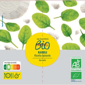 Monoprix Bio Ravioli ricotta épinard 250g
