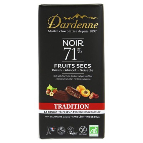 [Par Naturalia] Dardenne Chocolat Noir 71% Aux Fruits Secs 180G Bio