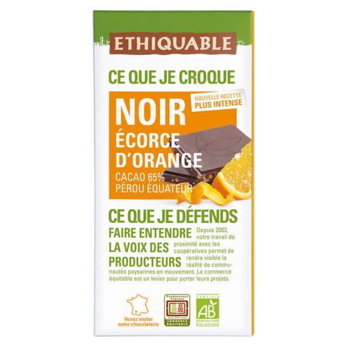 Ethiquable Chocolat Noir Orange Confite 65% Bio 100g