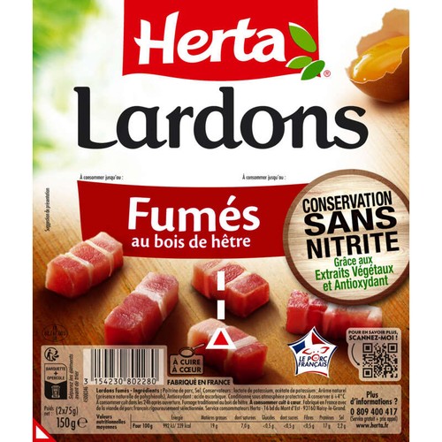 Herta Lardons Fumés sans nitrite 2x75g