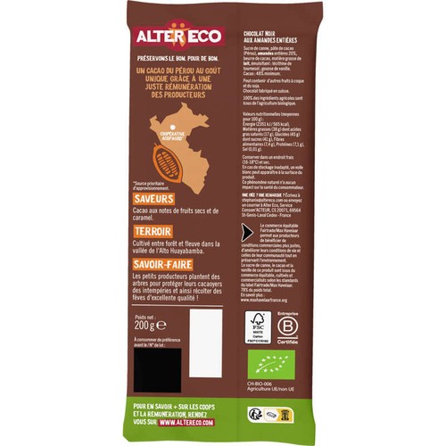 Alter Eco Chocolat Noir Amandes Entieres Bio 200g