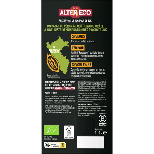 Alter Eco Chocolat Noir Pérou 75% Bio 100g 