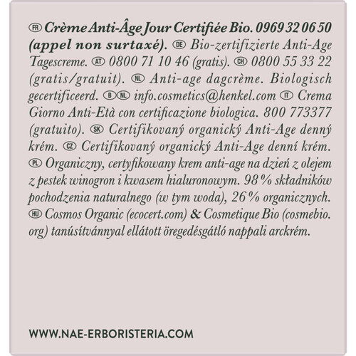 N.A.E Crème Jour Anti-Age à l'Huile de Pépins de Raisin Bio & Acide Hyaluronique 50ml