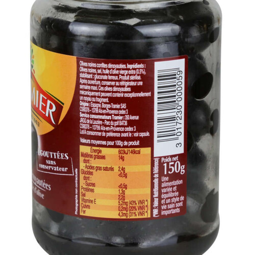 Tramier Bocal Olives Noires Confites Dénoyautées sans saumure 150g