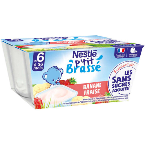 Nestlé P'Tit Brassé Sans Sucres Ajoutés Fraise Banane Dès 6 Mois x4