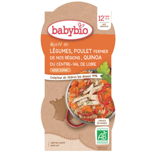 Babybio Mijoté légumes, poulet fermier du Poitou, Quinoa Bio 2x200g