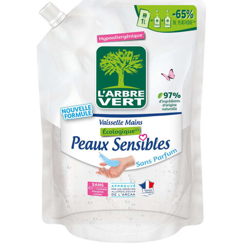 L'Arbre Vert recharge liquide vaisselle peaux sensibles ecolabel - hypoallergénique - 97% d'ingrédients d'origine naturelle  - 1l