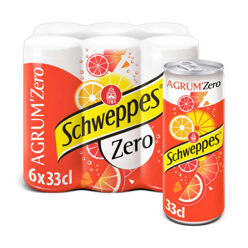 Schweppes Zéro Agrumes boisson gazeuse pack de 6x33 cl canettes.