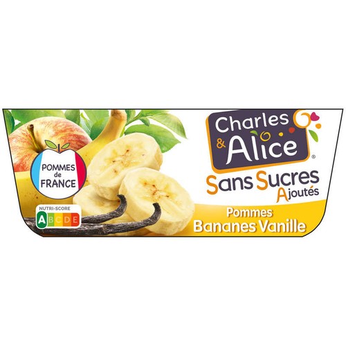 Charles & Alice Desserts fruités pommes bananes et vanille sans sucres ajoutés 4x97g
