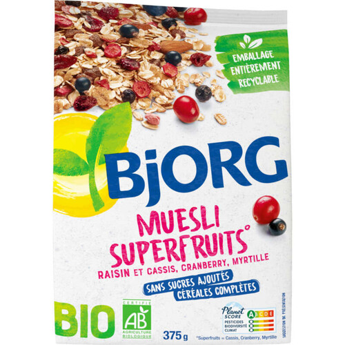 Bjorg Muesli superfruits raisin, cassis, cranberry, myrtille, bio 375g