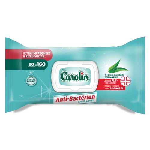 Carolin Lingettes Résistantes Anti-Bactérien sans Javel x80