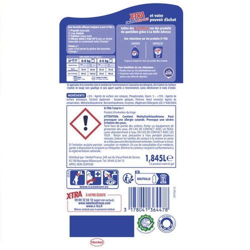 X-Tra Lessive Liquide Total Blanc Et Couleur Ecopack 41 Lavages 1,845L