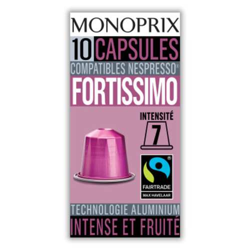 Monoprix Capsules de café Fortissimo, intense & fruité 10 capsules 50g