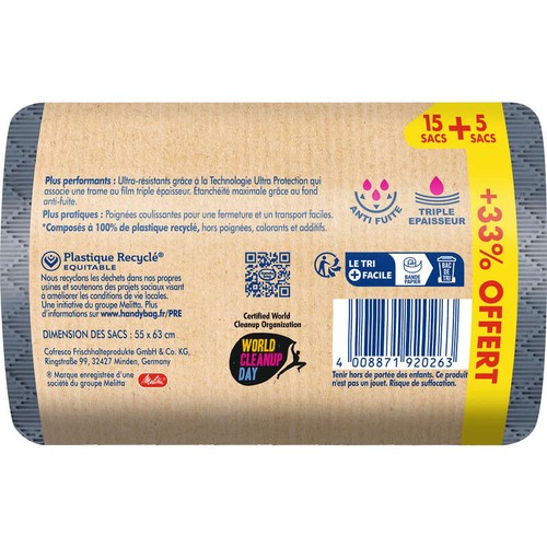 Handy Bag Sacs poubelle poignées coulissantes Ultra Résistant 100% plastique recyclé 30L + 33% Offert