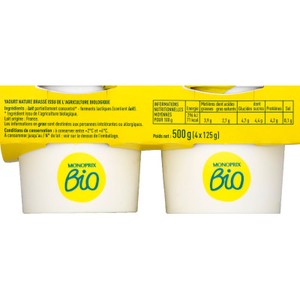 Monoprix Bio Yaourt Brassé Nature 4x125g