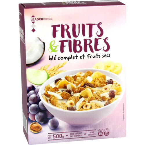 Leader Price Fruits & Fibres Blé Complet et Fruits Secs 500g