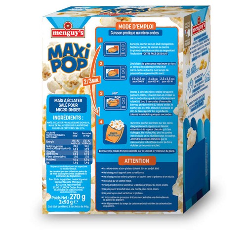Menguy's Pop corn micro-ondes salé 3x90g