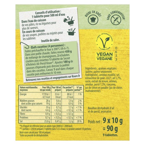 Knorr Secret d'Arômes Bouillon Ail Persil 9 Tablettes 90g