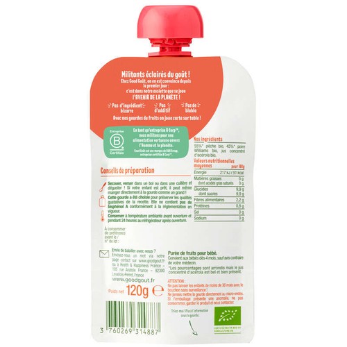 Good Goût Baby Compote Pêche Poire Dès 4 Mois Bio 120g