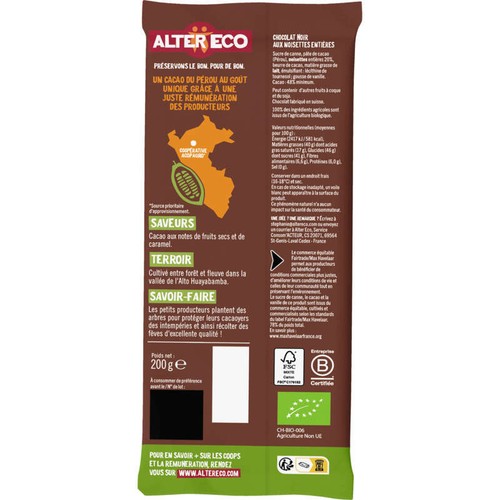 Alter Eco Chocolat Noir Noisettes Entières Bio 200g