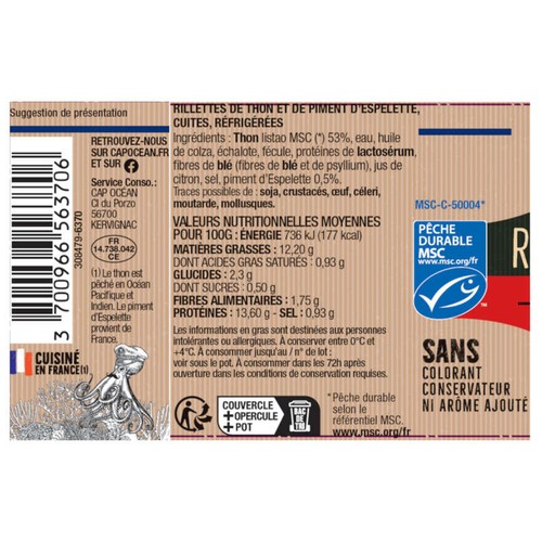 Cap Océan Rillettes de Thon Incroyables Piment d'Espelette 140g